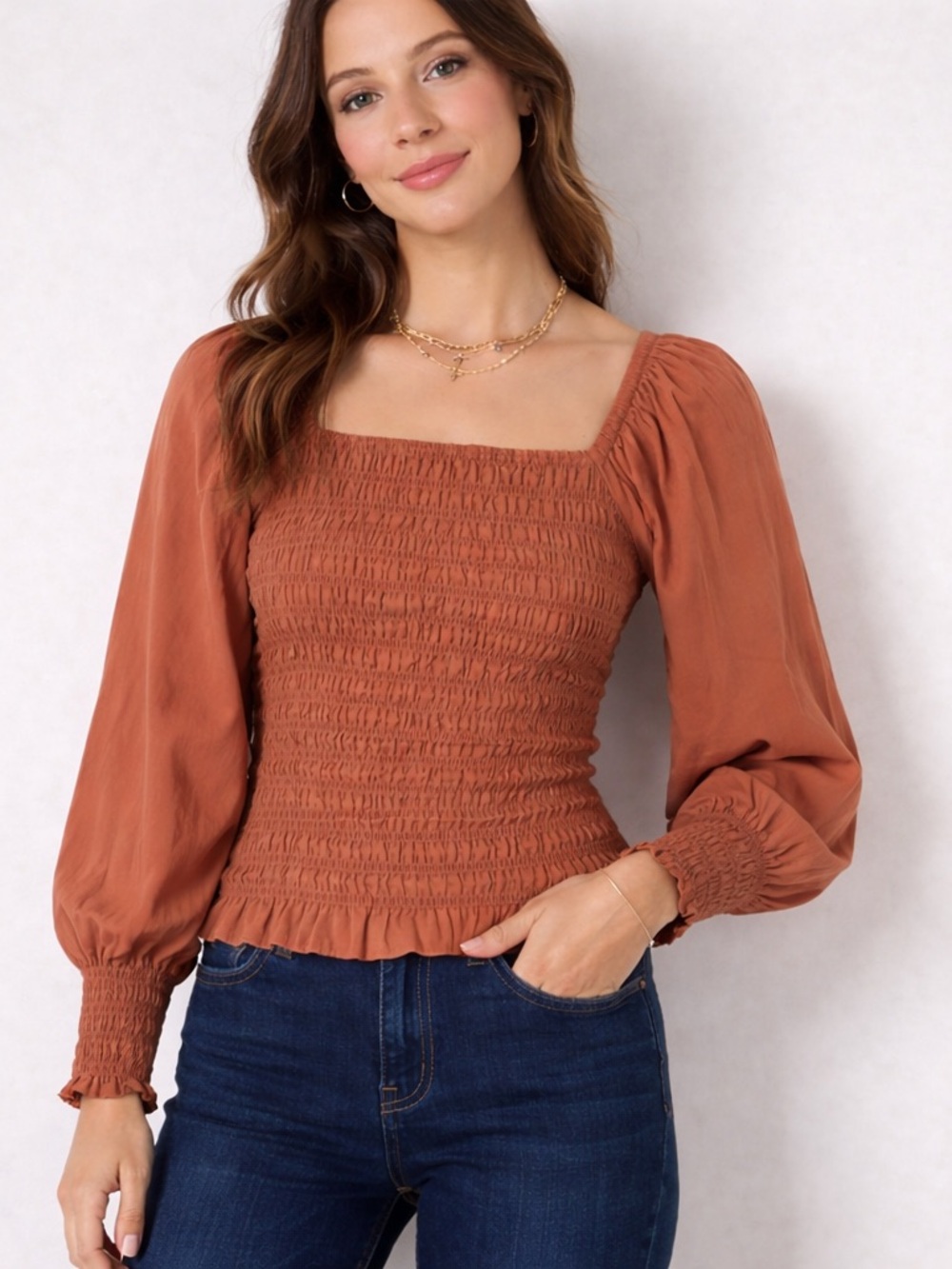Madewell Lucie Bubble-Sleeve Smocked Top in Warm Umber Size XL